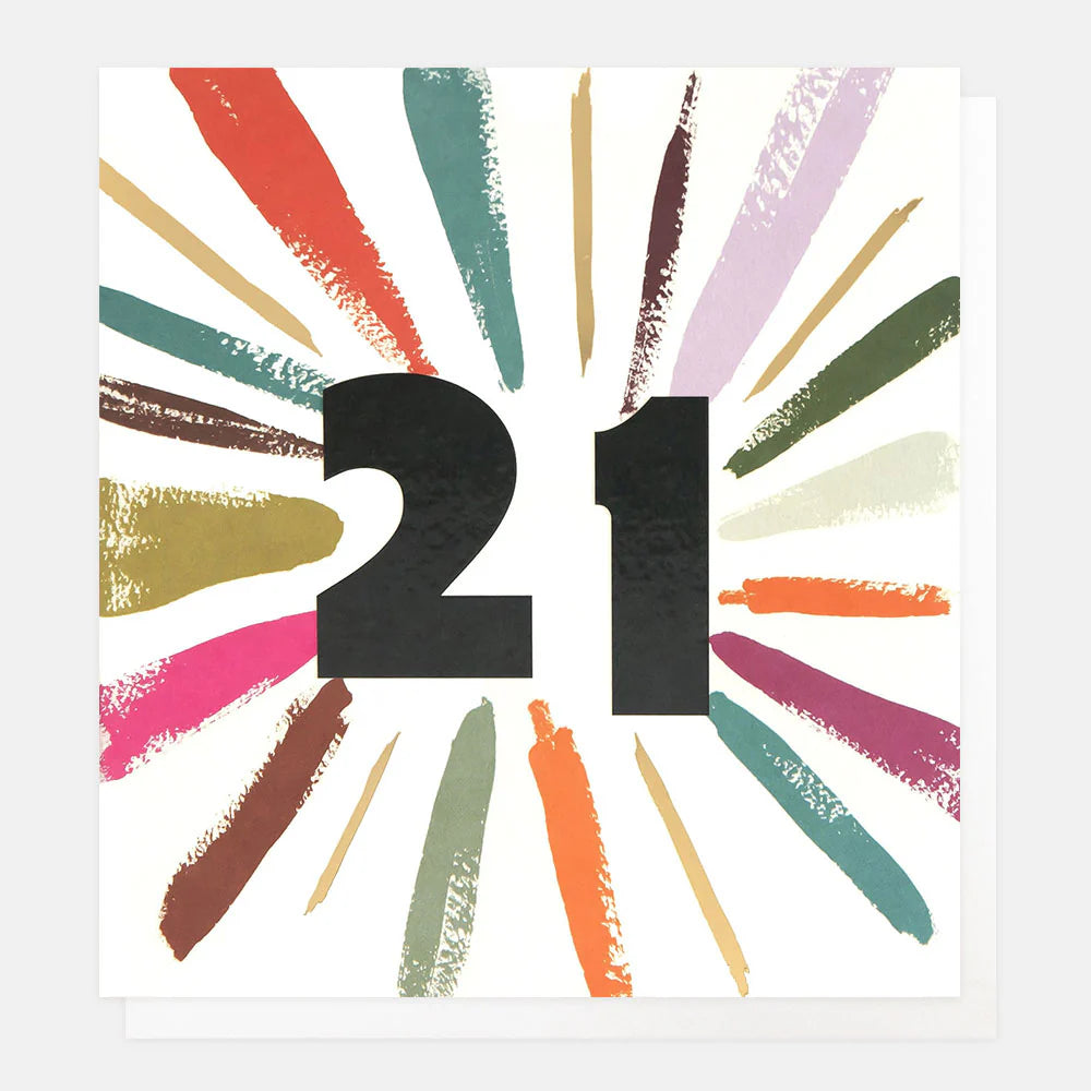 Colorful Age 21 birthday card by Caroline Gardner featuring a vibrant multicolour burst design on a white background.