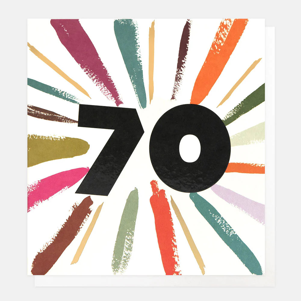 Colorful age 70 birthday card by Caroline Gardner featuring a vibrant multicolour burst design on a white background.