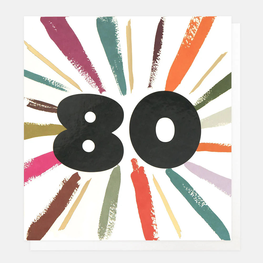 Colorful Age 80 birthday card by Caroline Gardner featuring a multicolour burst design with festive lettering.