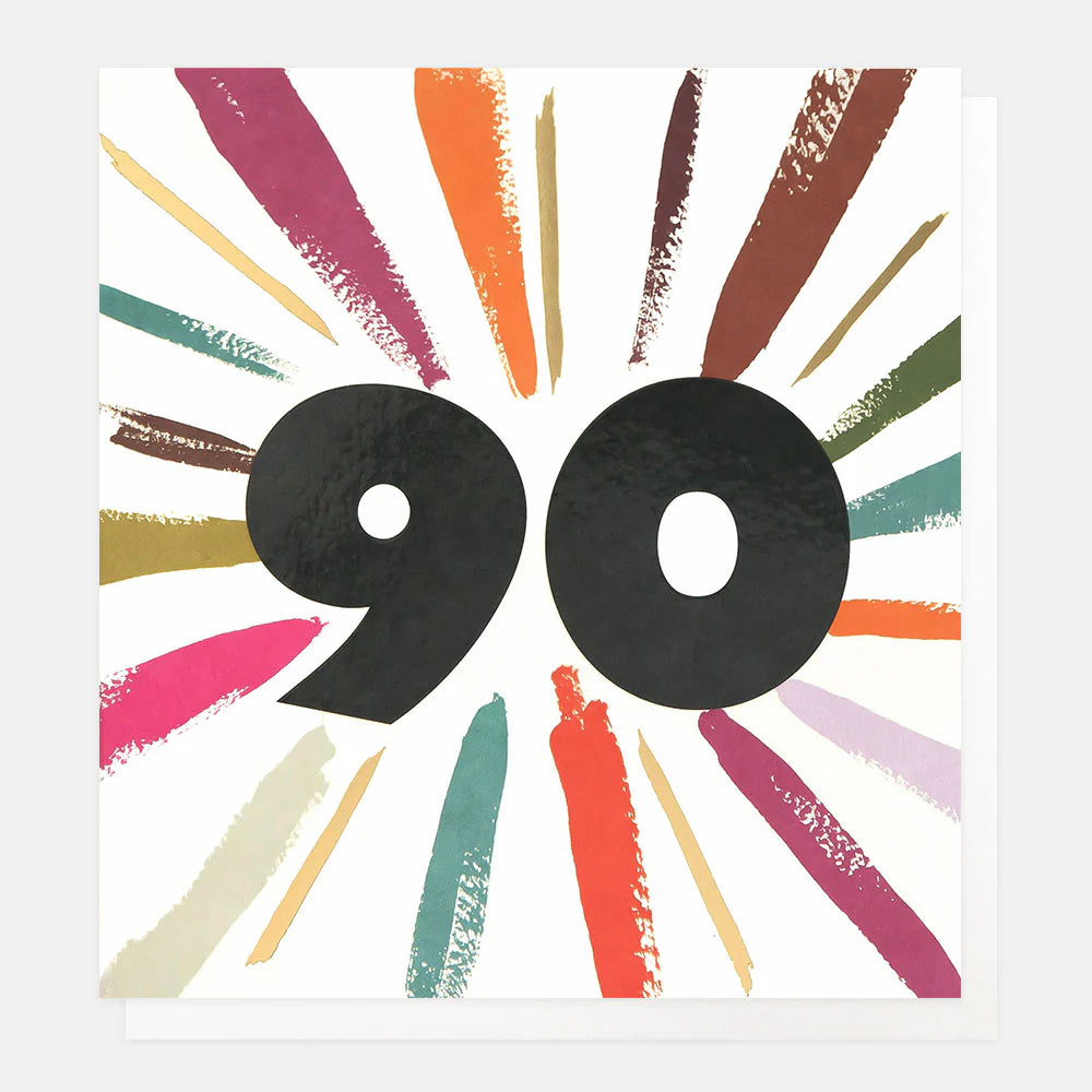 Colorful Age 90 birthday card by Caroline Gardner featuring a multicolored burst design.