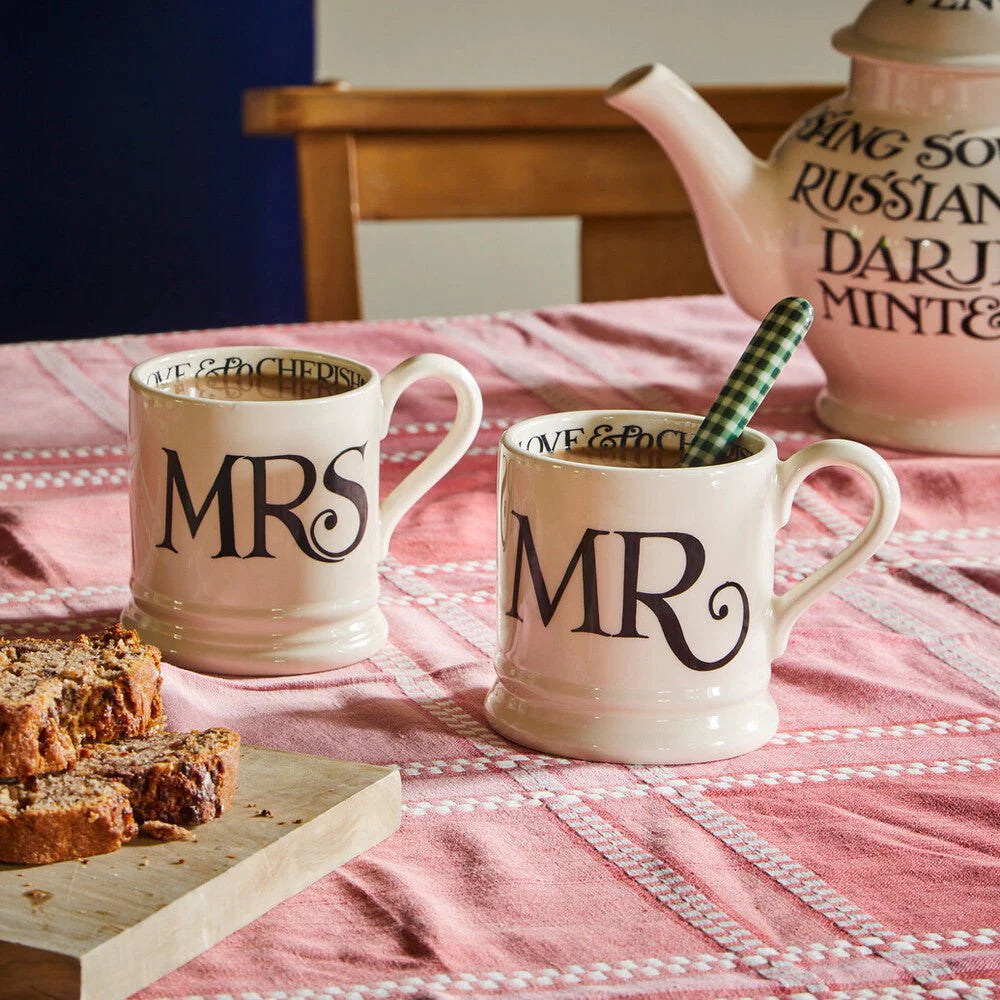 Emma Bridgewater Black Toast Mr &amp; Mrs set of 2 half pint mugs with boxed packaging, featuring black toast design on ceramic pottery.