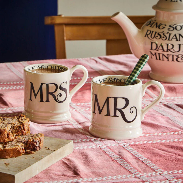 Emma Bridgewater Black Toast Mr &amp; Mrs set of 2 half pint mugs with boxed packaging, featuring black toast design on ceramic pottery.