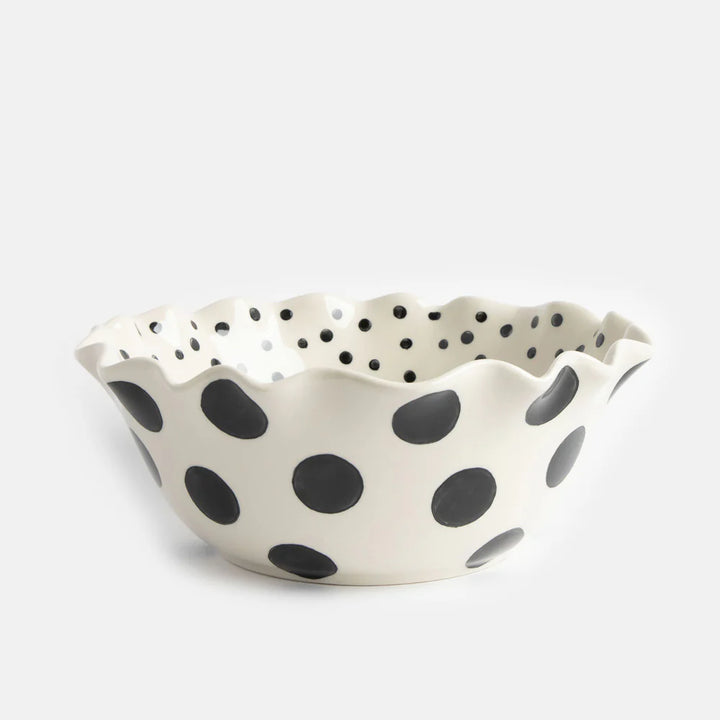 Caroline Gardner Mono Dots large frilly bowl with polka dot pattern, perfect as a gift from Cornucopia Home and Gift.