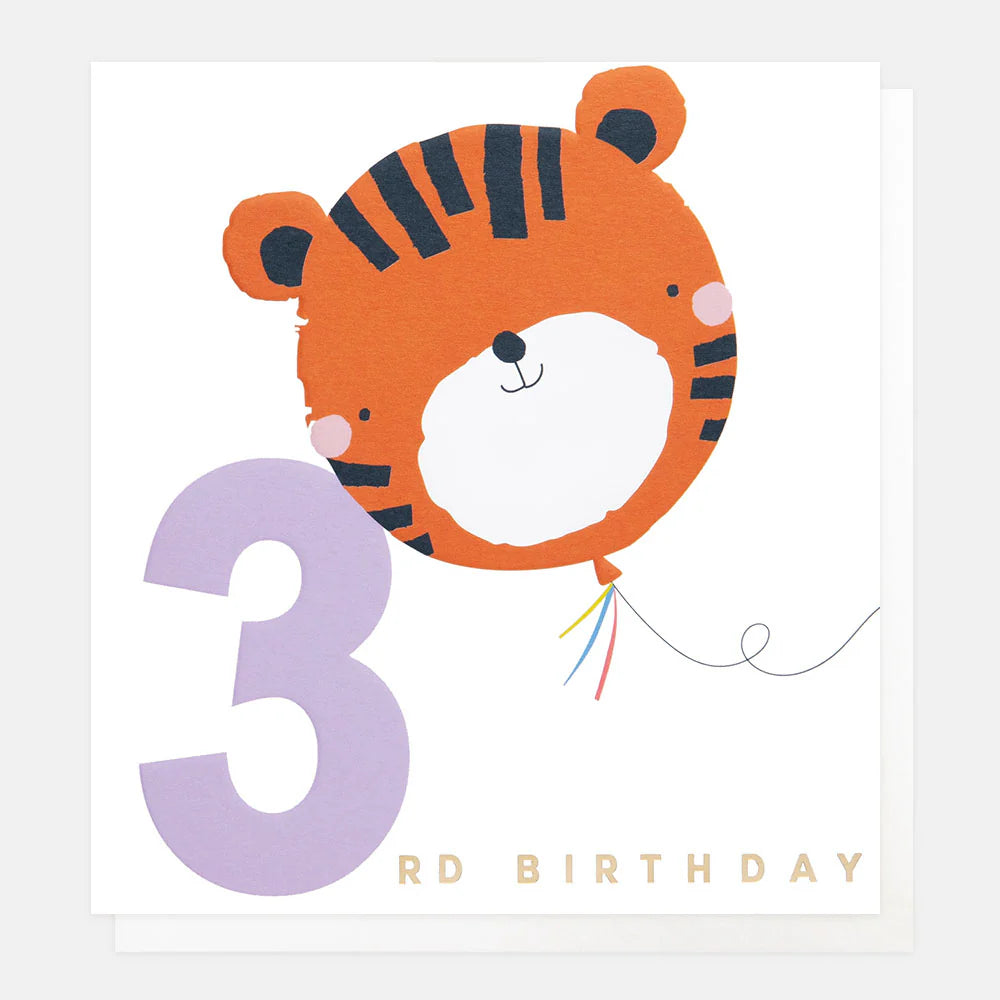 Caroline Gardner 3rd birthday tiger balloon greeting card featuring colorful tiger and balloon illustrations on a festive background.
