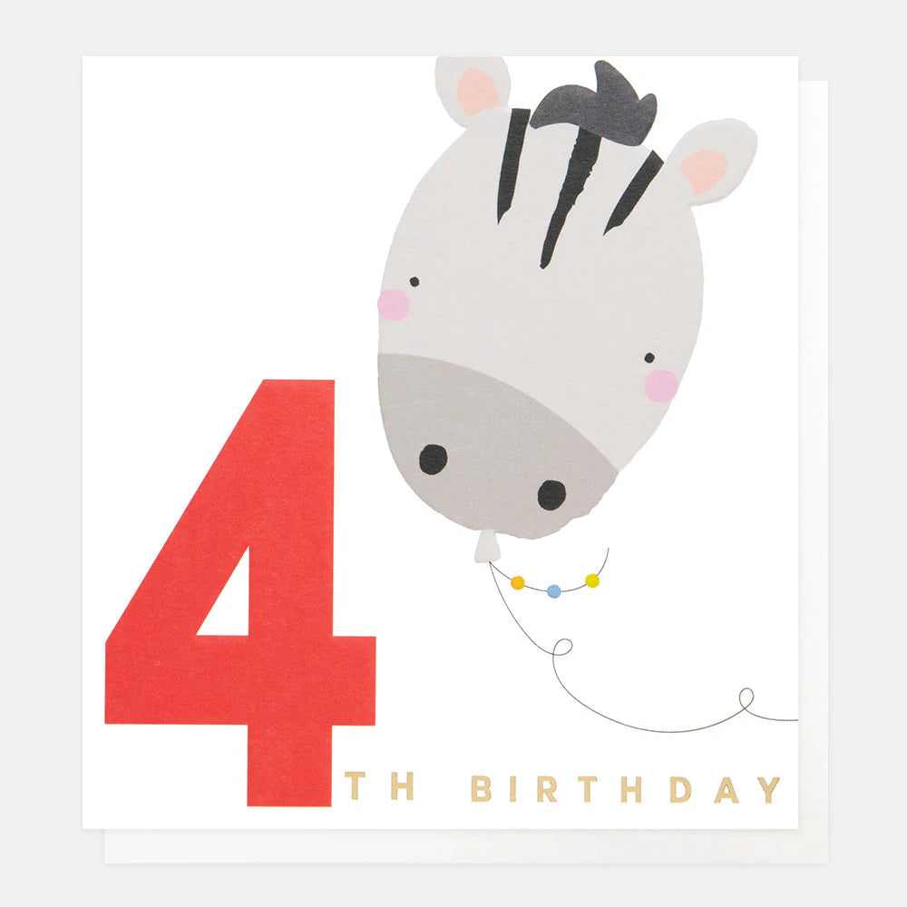 Caroline Gardner 4th birthday zebra balloon greeting card with colorful zebra illustration and festive design.