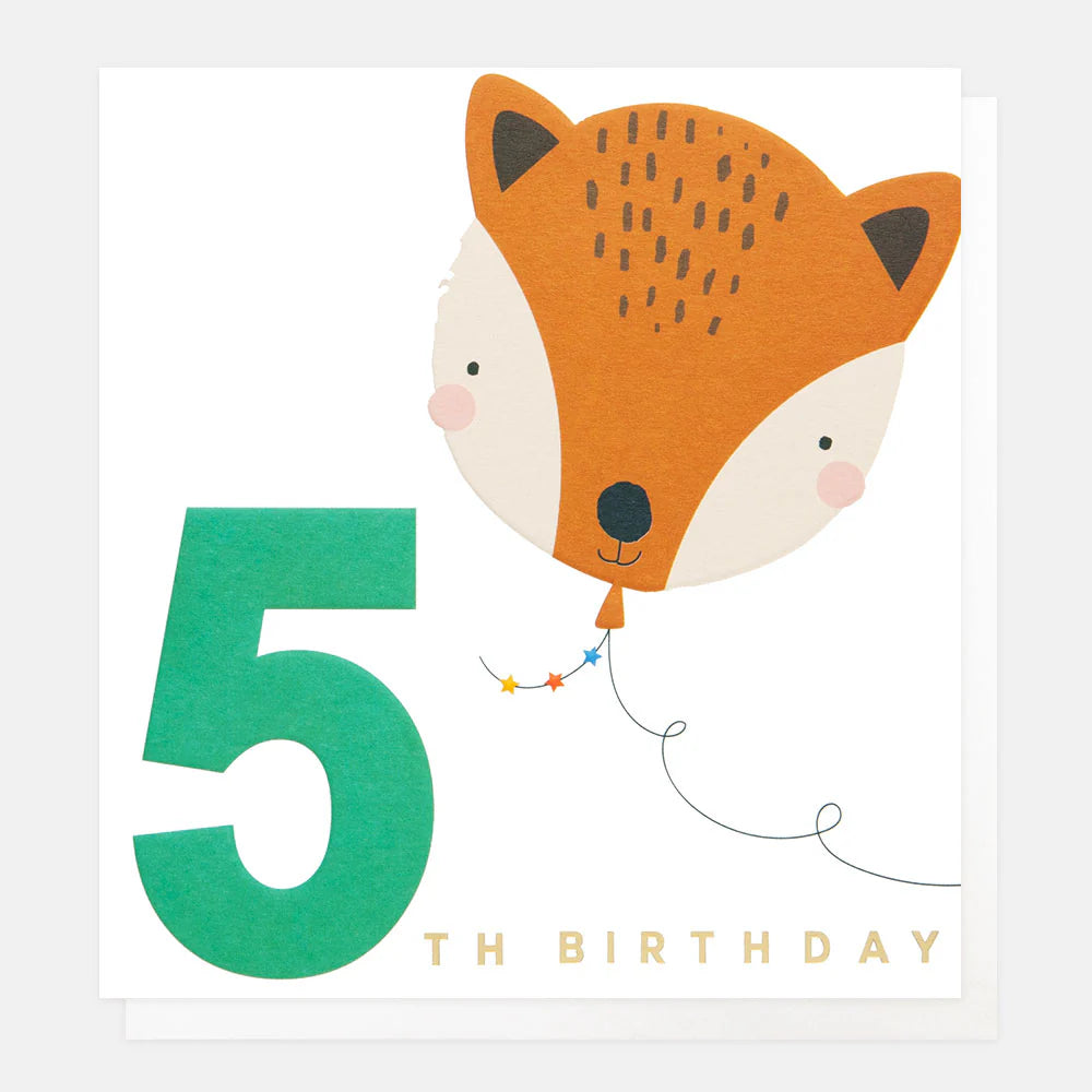 Caroline Gardner 5th birthday fox balloon greeting card with colorful illustration for a child's birthday celebration.