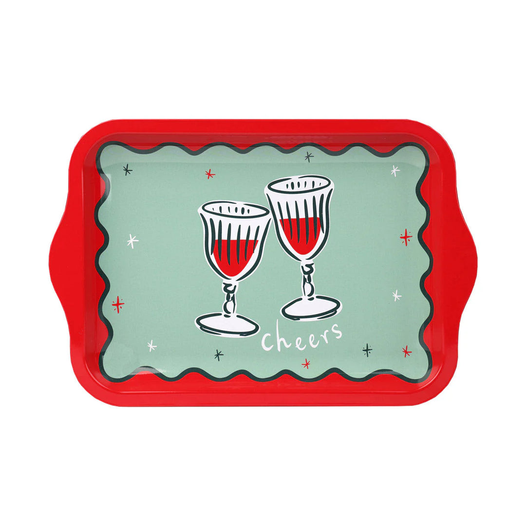 Small tin tray from Cheers collection by Talking Tables, featuring a decorative design in a metallic finish.