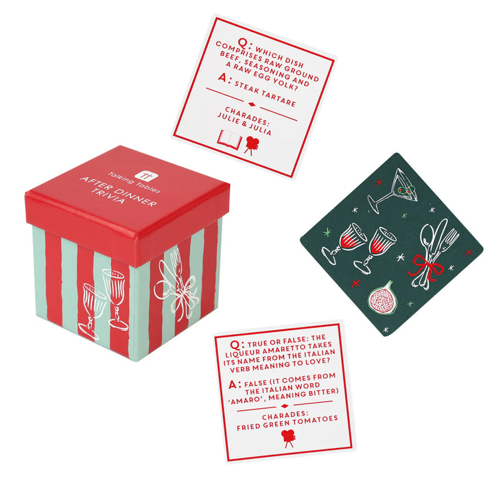 Talking Tables Bon Noel Trivia Box with 60 Christmas-themed cards, perfect for festive game nights from Cornucopia Home and Gift.