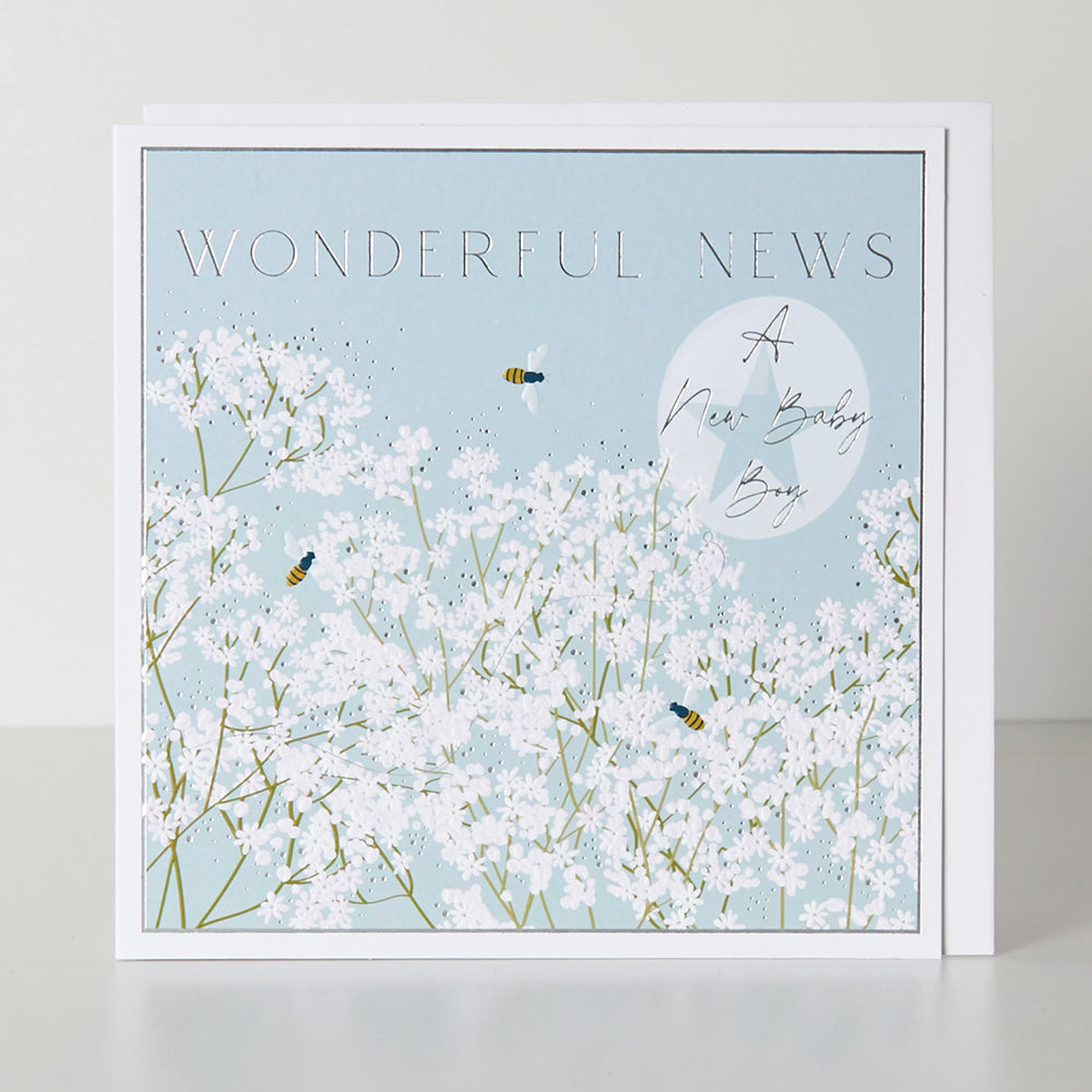 Close-up of a new baby boy belly button card by Cornucopia Home and Gift, featuring a cute, detailed design.