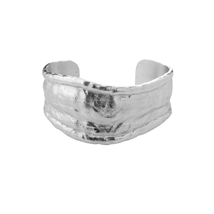 Silver Arc Cuff Bracelet by Tutti &amp; Co featuring sleek, minimalist design and smooth curved shape, perfect for stylish wrist wear.