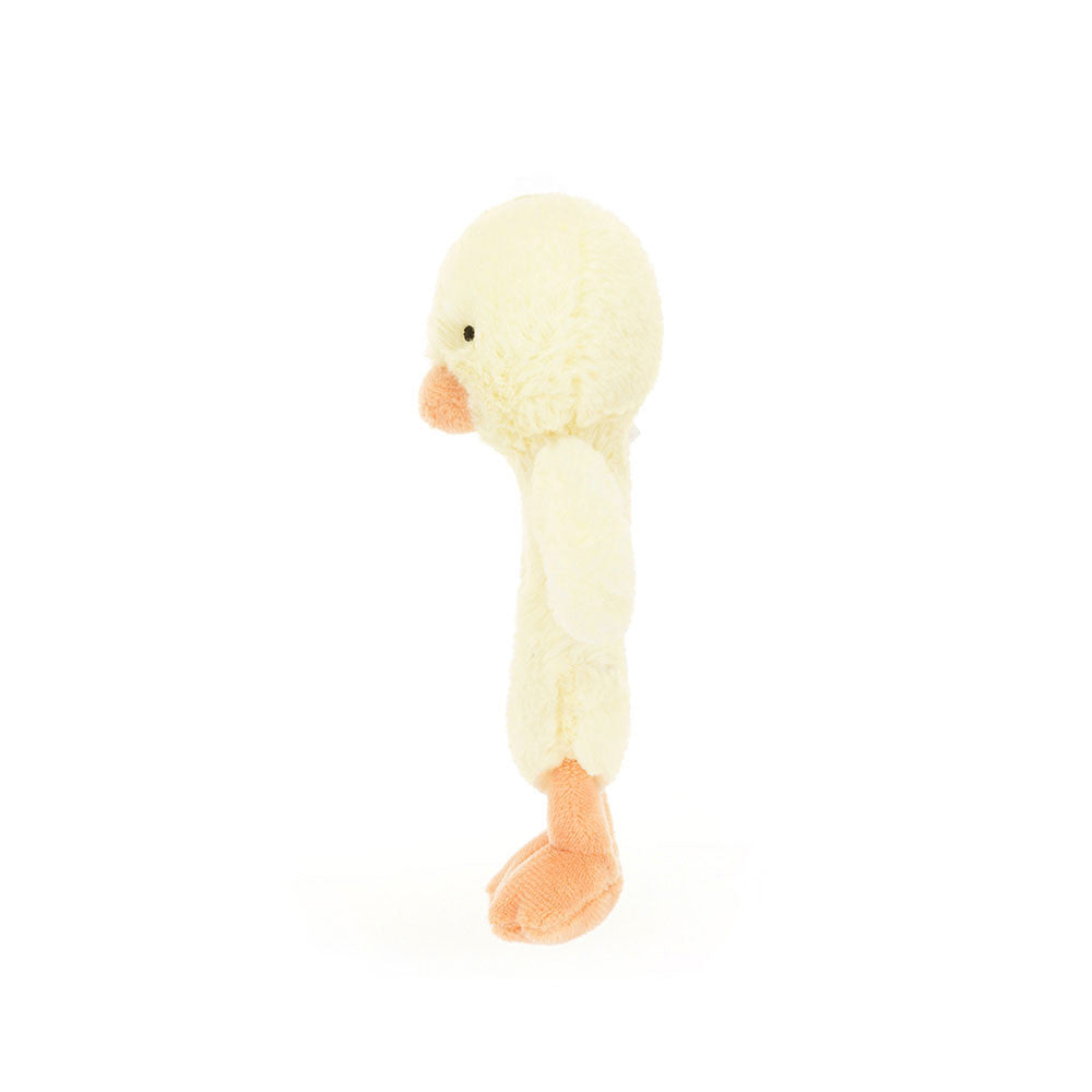 Jellycat Bashful Duckling Ring Rattle plush toy with soft yellow fabric and a ring handle, ideal for baby sensory play.