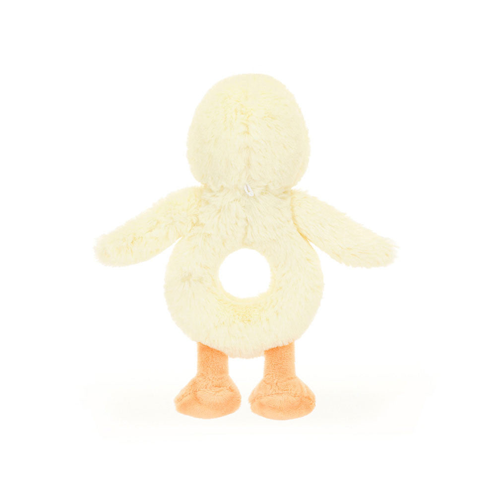 Jellycat Bashful Duckling Ring Rattle with soft yellow plush and a gentle rattle, perfect for babies and sensory play