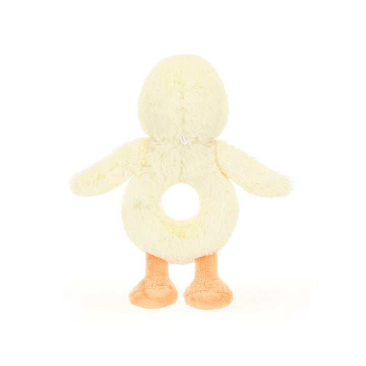 Jellycat Bashful Duckling Ring Rattle with soft yellow plush and a gentle rattle, perfect for babies and sensory play
