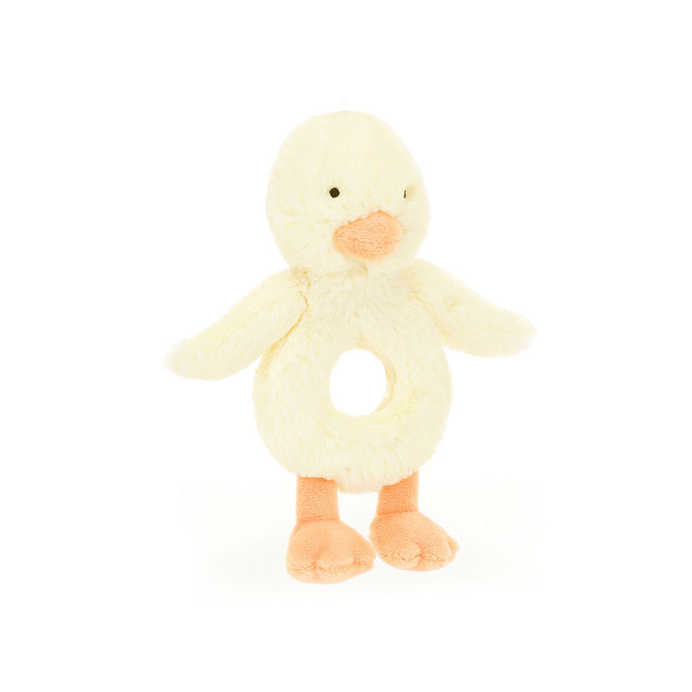Jellycat Bashful Duckling Ring Rattle with soft plush duckling and teething ring for babies, in pastel yellow and cream colors.
