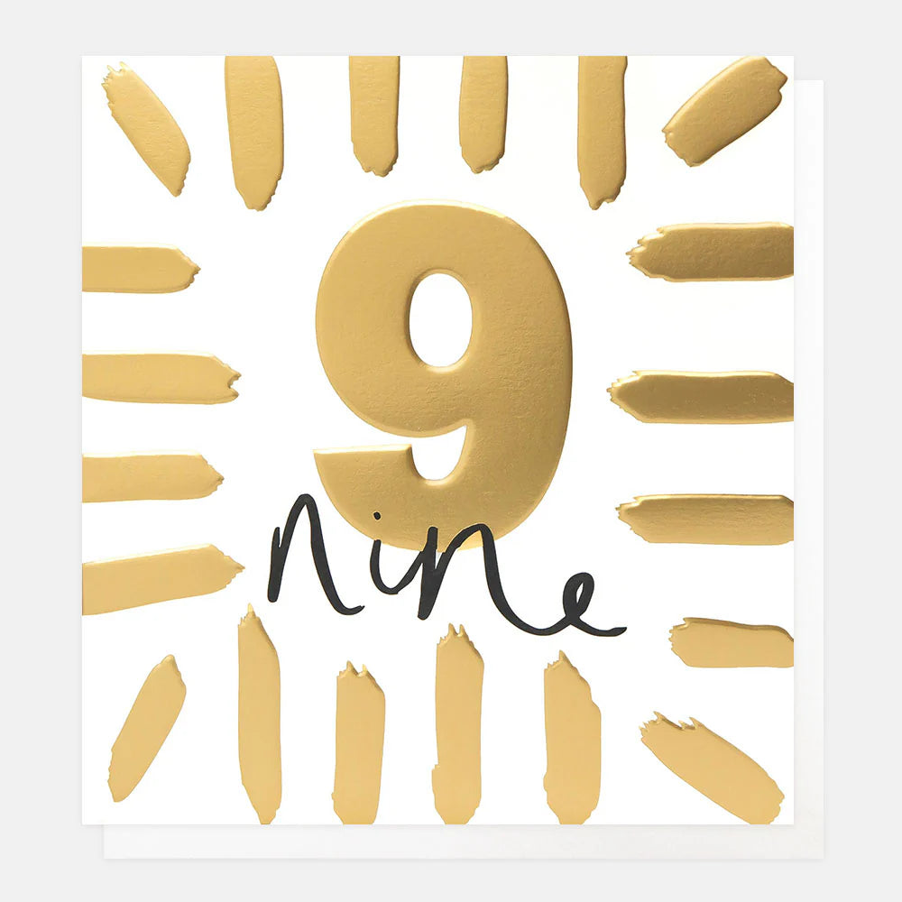 Gold Nine birthday card by Caroline Gardner featuring elegant gold lettering and playful design, perfect for celebrating birthdays.