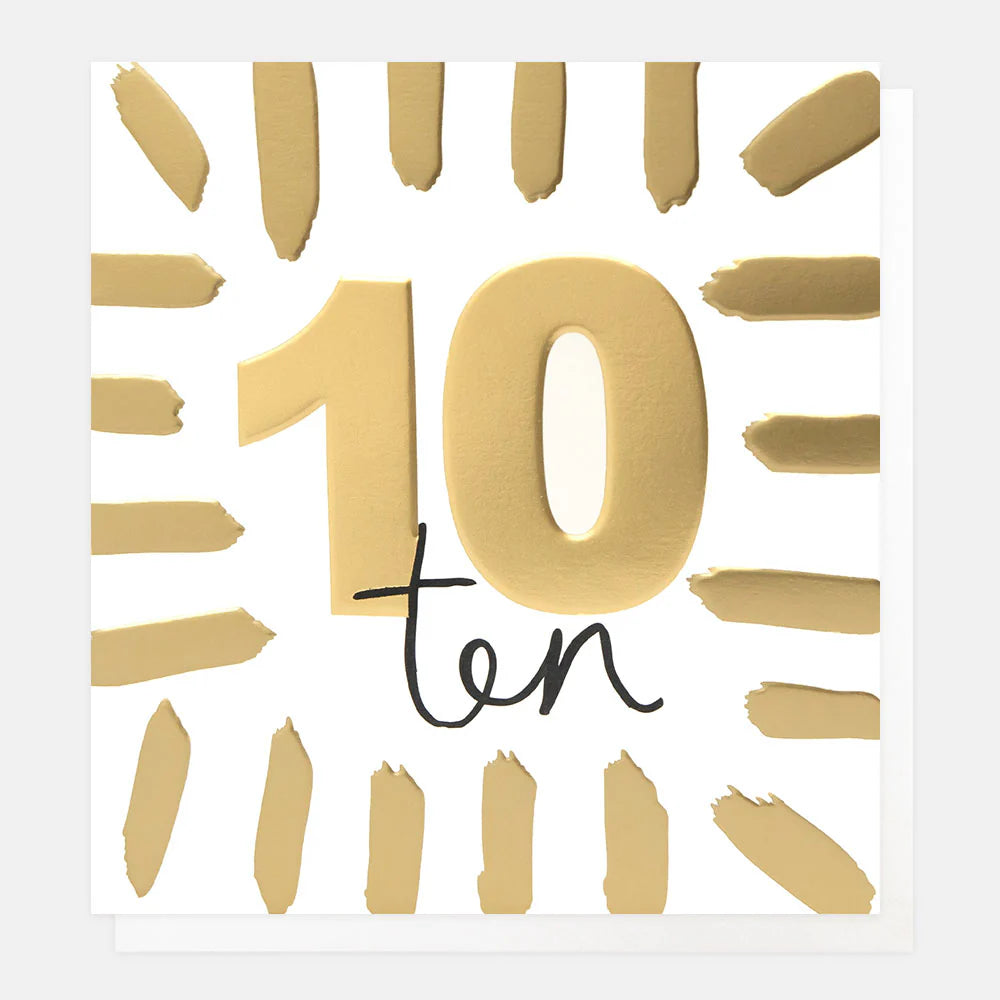 Gold Caroline Gardner 'Ten' birthday card featuring elegant gold foil design and festive typography for special celebrations.