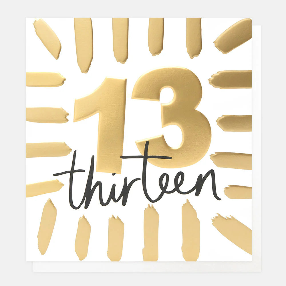 Gold 'Thirteen' birthday card by Caroline Gardner featuring elegant design, perfect for celebrating a 13th birthday.