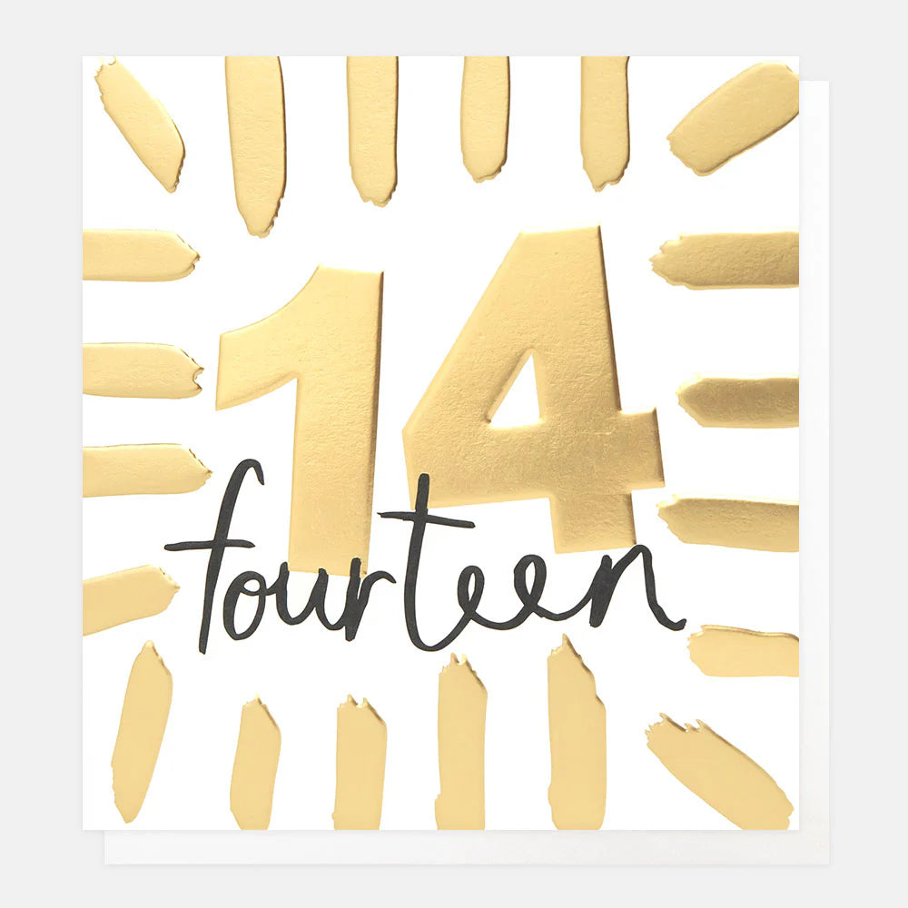 Gold "Fourteen" birthday card by Caroline Gardner featuring elegant design, perfect for celebrating a 14th birthday.
