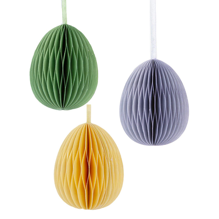 Set of three hanging honeycomb egg decorations with bunny accents from Talking Tables Easter by Cornucopia Home and Gift