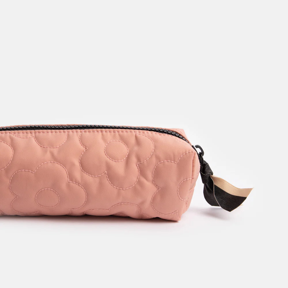 Pink quilted Caroline Gardner cube case with floral pattern, perfect for organizing cosmetics or small essentials.
