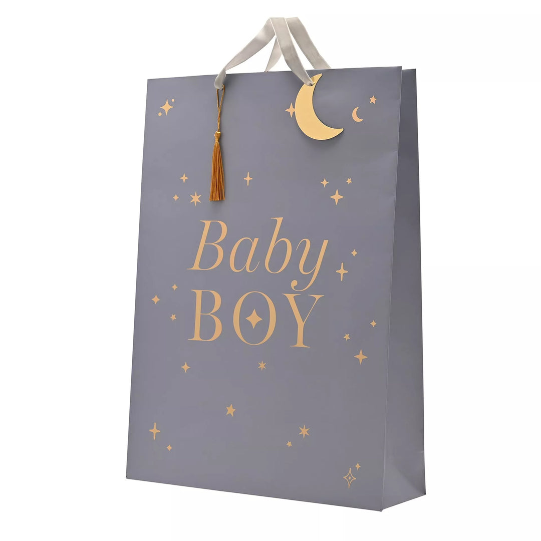 Widdop & Co Bambino baby boy gift bag with playful blue and white design, perfect for baby showers or birthdays.