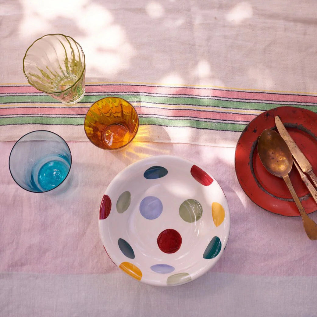 Emma Bridgewater Big Polka Dots cereal bowl with colorful polka dot pattern on white ceramic.