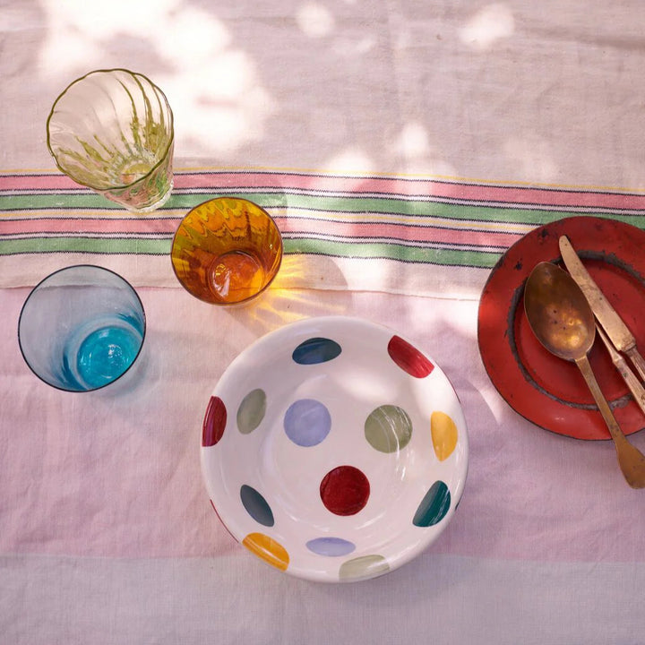 Emma Bridgewater Big Polka Dots cereal bowl with colorful polka dot pattern on white ceramic.