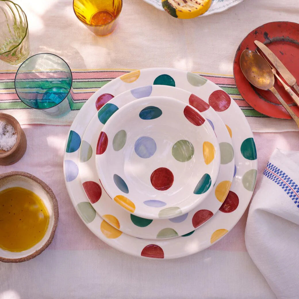 Emma Bridgewater Big Polka Dots 8½" ceramic plate with colorful polka dot pattern, displayed in a group shot.