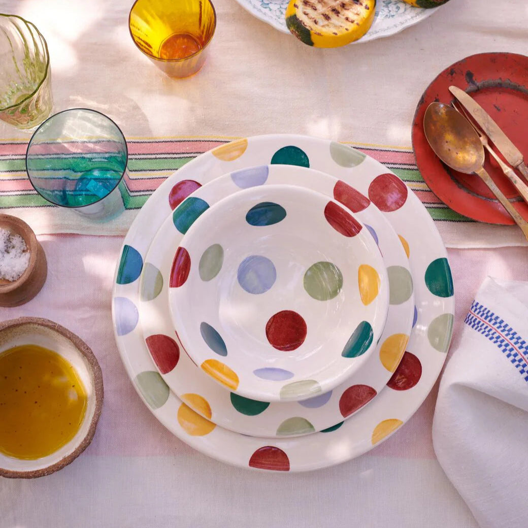 Emma Bridgewater Big Polka Dots 10½-inch dinner plate with colorful polka dot design on white ceramic surface.