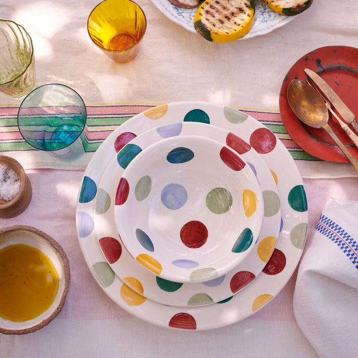 Emma Bridgewater Big Polka Dots cereal bowl featuring a colorful polka dot pattern on white ceramic.