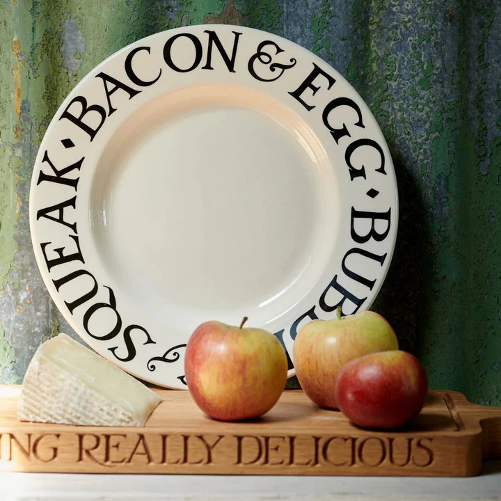 Emma Bridgewater Black Toast Bacon &amp; Egg 10.5-inch ceramic plate featuring a black toast, bacon, and egg design.