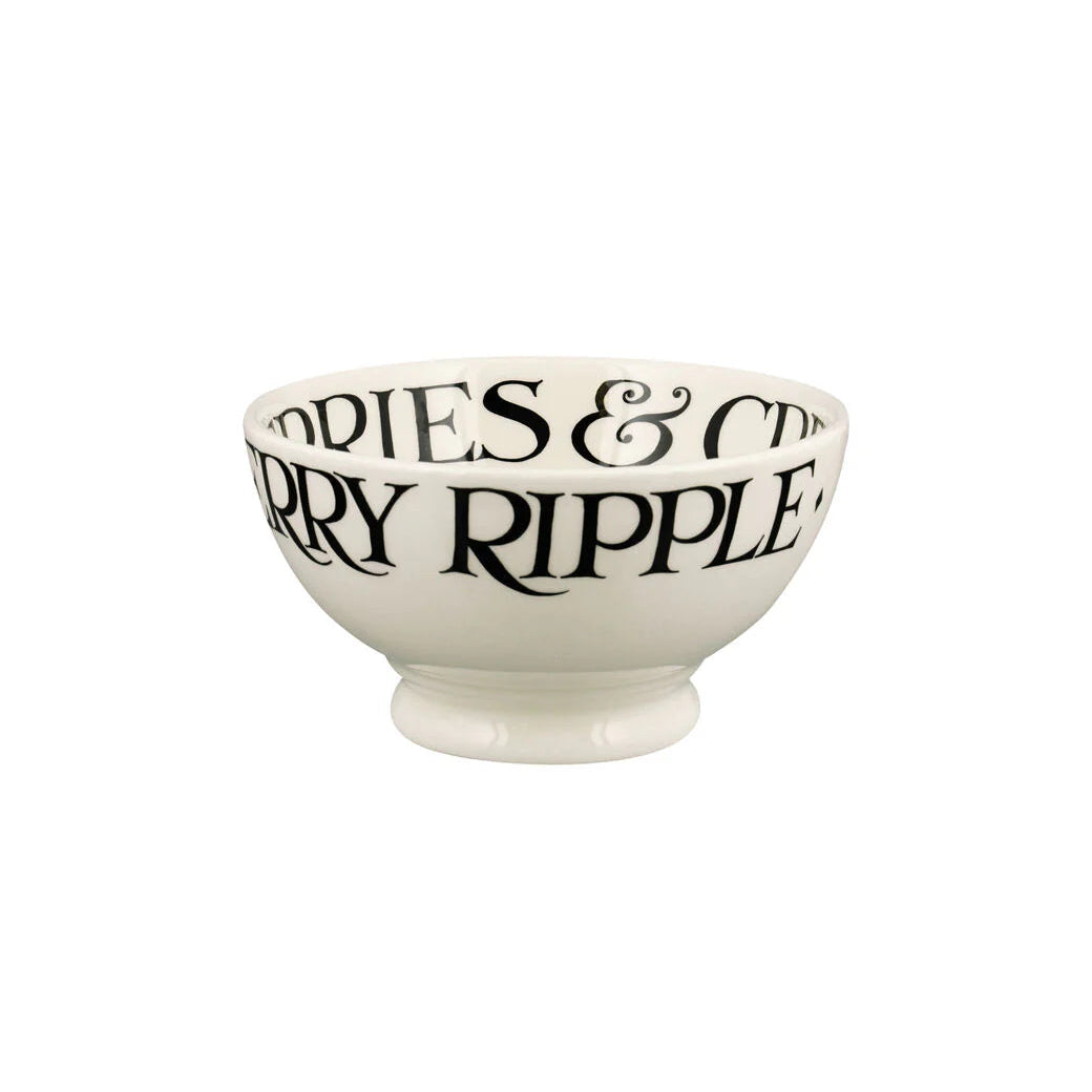 Emma Bridgewater Black Toast Strawberries &amp; Cream French bowl with black and cream floral pattern and strawberries detail.