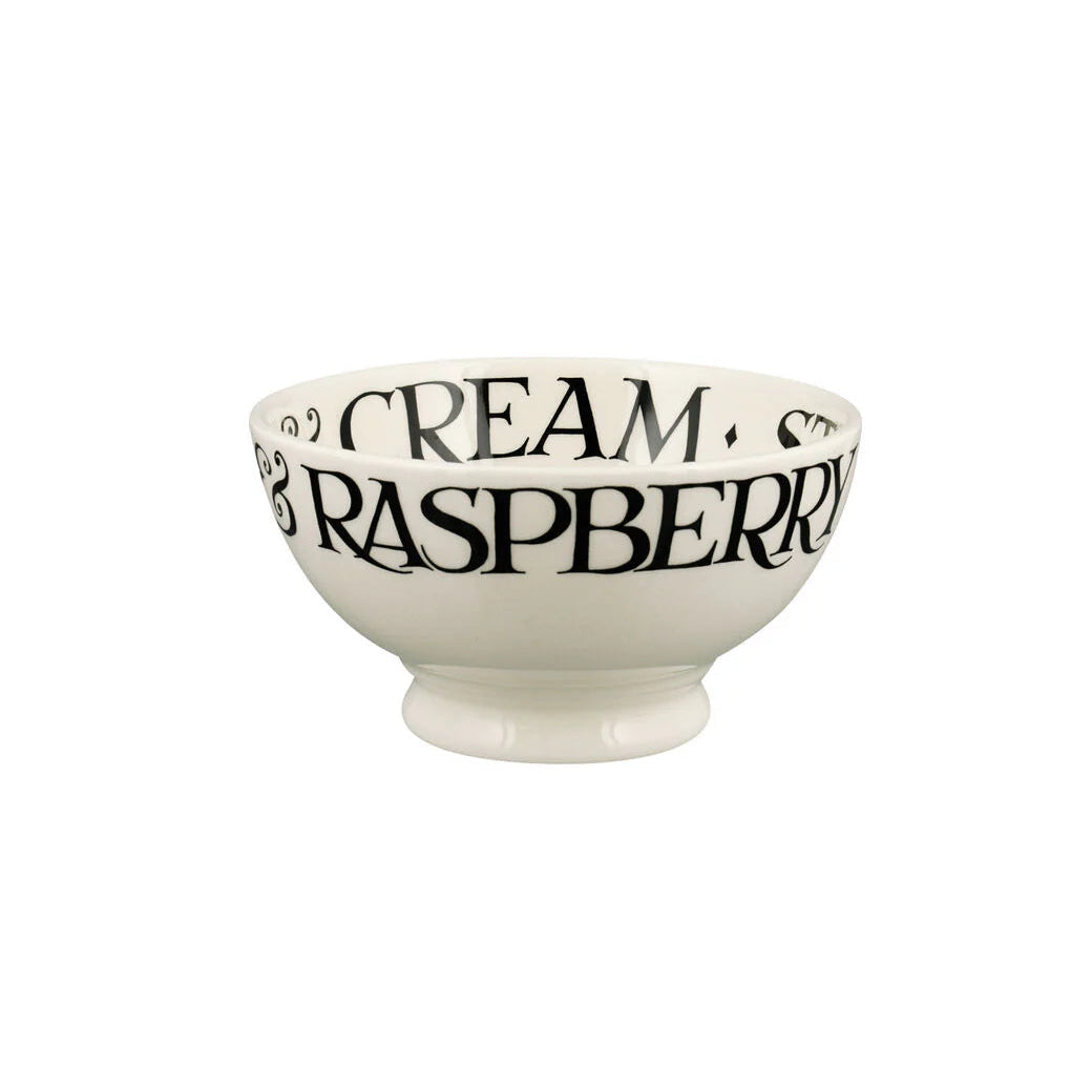 Emma Bridgewater Black Toast Strawberries &amp; Cream French bowl with a black and red fruit design on ceramic, detailed pattern visible.