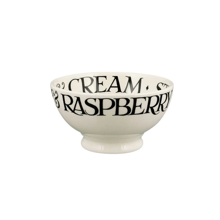 Emma Bridgewater Black Toast Strawberries &amp; Cream French bowl with a black and red fruit design on ceramic, detailed pattern visible.