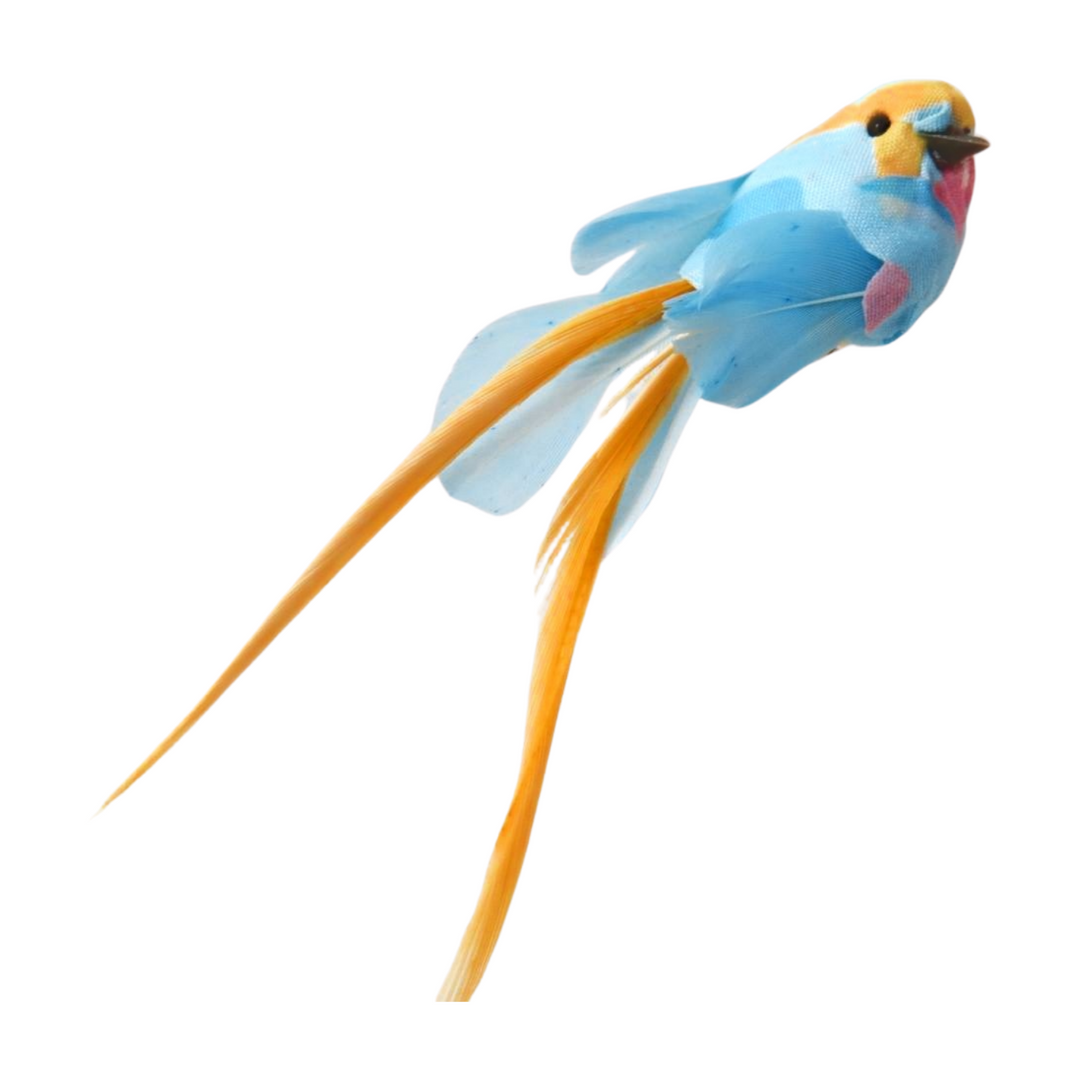 Colorful blue and yellow bird figurine perched on a clip, decorative giftware by Cornucopia Home and Gift
