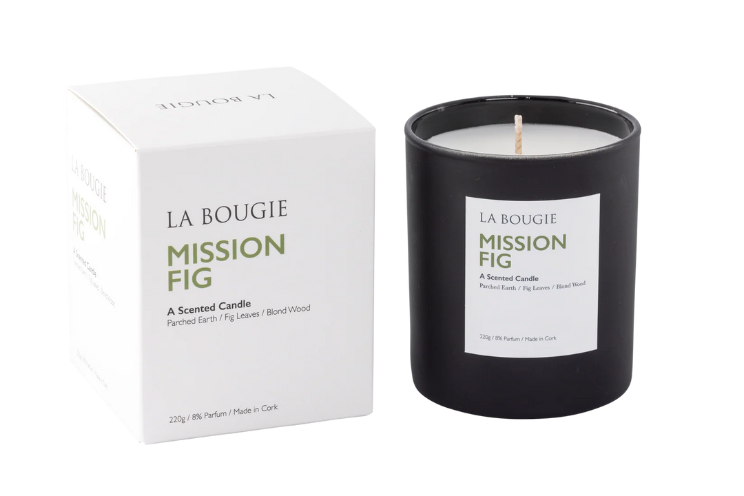 Boxed Mission Fig candle by Cornucopia Home and Gift, La Bougie soy candle in a decorative box with a natural fig scent.