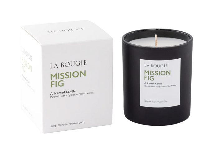 Boxed Mission Fig candle by Cornucopia Home and Gift, La Bougie soy candle in a decorative box with a natural fig scent.