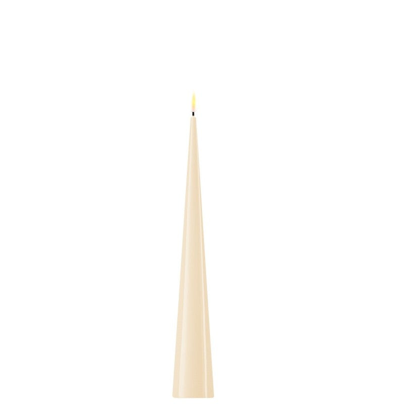 Cream-colored cone candle, 28 cm tall, from Cornucopia Home and Gift's Deluxe Home Art collection, displayed on a decorative surface.