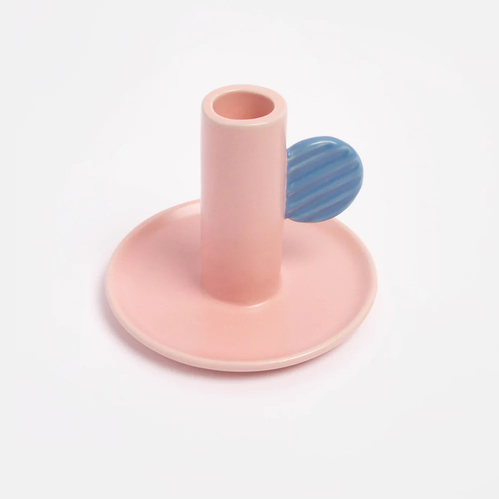 Pink and blue Caroline Gardner candle holder with floral design, perfect as a decorative gift from Cornucopia Home and Gift.