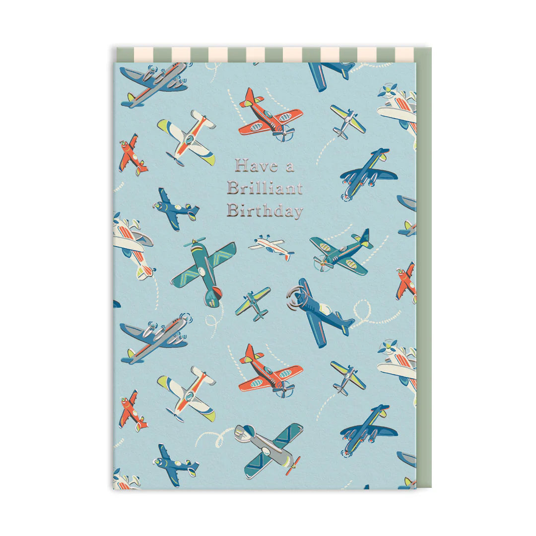 Cath Kidston Brilliant Planes birthday card featuring colorful airplane illustrations on a light background.