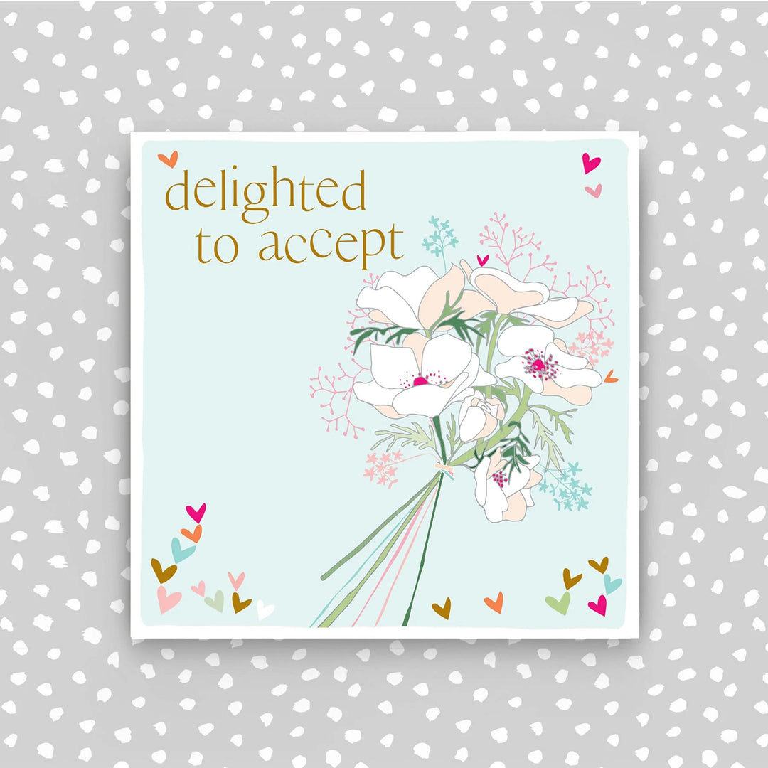 Molly Mae wedding card by Cornucopia Home and Gift featuring elegant design with "Delighted to Accept" message on white background