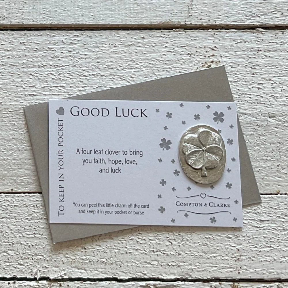 Compton & Clarke Good Luck Carded Pocket Charm on white background, featuring a decorative charm for good luck from Cornucopia Worcester.