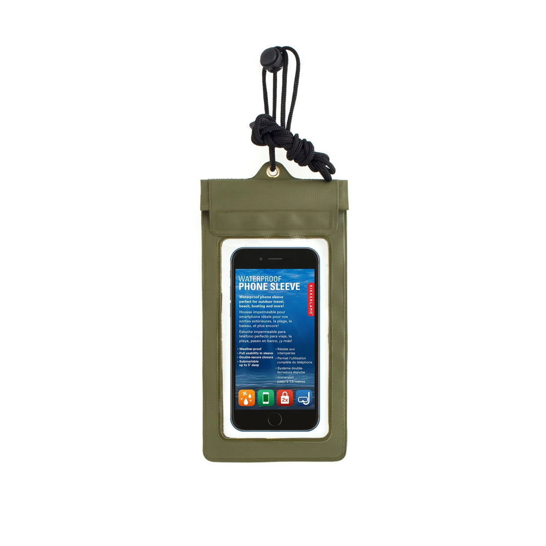 Green waterproof phone sleeve by Kikkerland, perfect for keeping smartphones dry during outdoor activities.