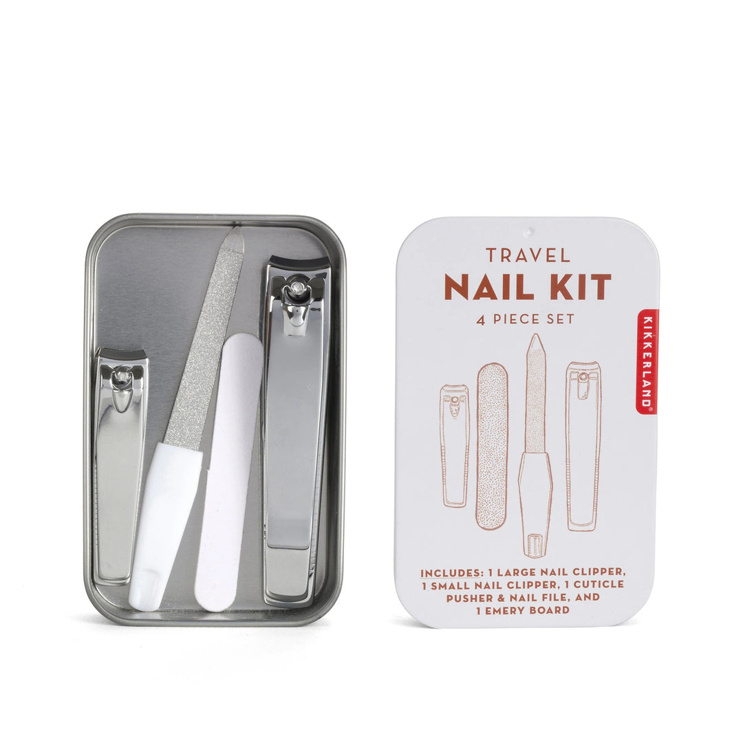 Kikkerland travel nail kit with compact case containing nail clippers, scissors, and tools for nail grooming on the go.