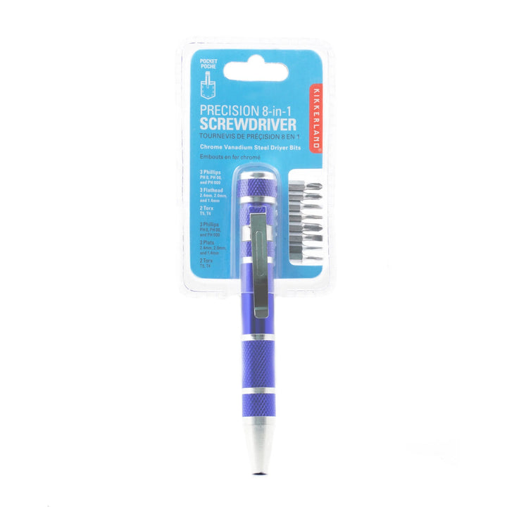 Kikkerland Precision 8-in-1 screwdriver pen with multiple screwdriver heads in compact design, ideal for small repair tasks
