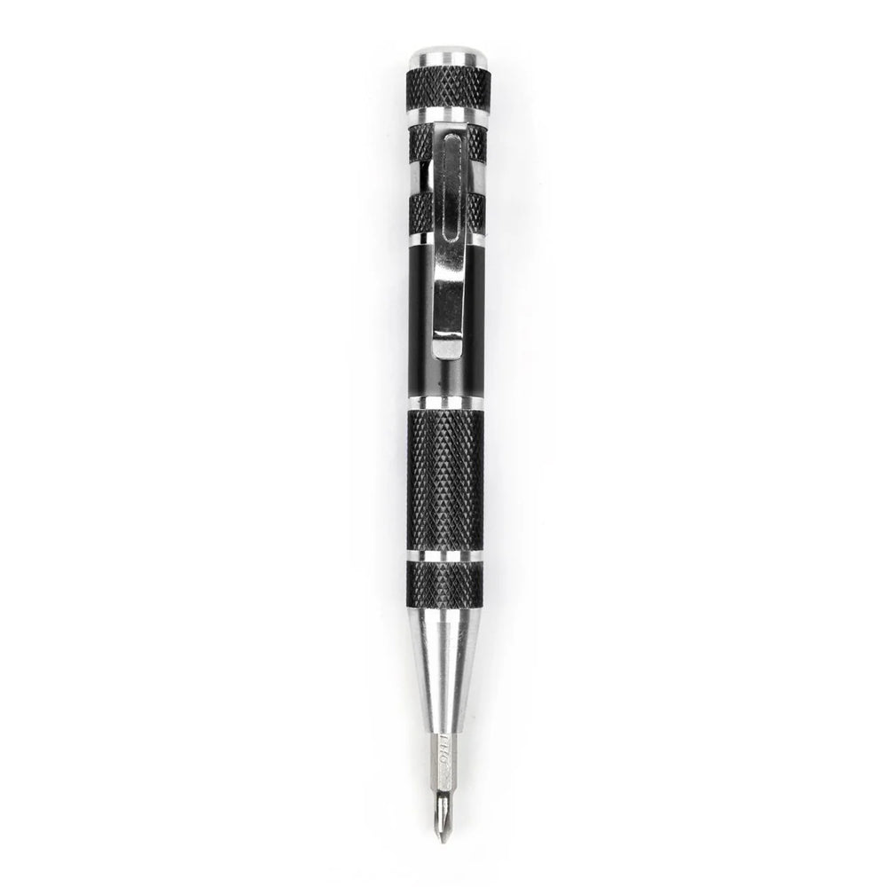 Black Kikkerland Precision 8-in-1 Screwdriver Pen with multiple screwdriver heads in a sleek, compact design.