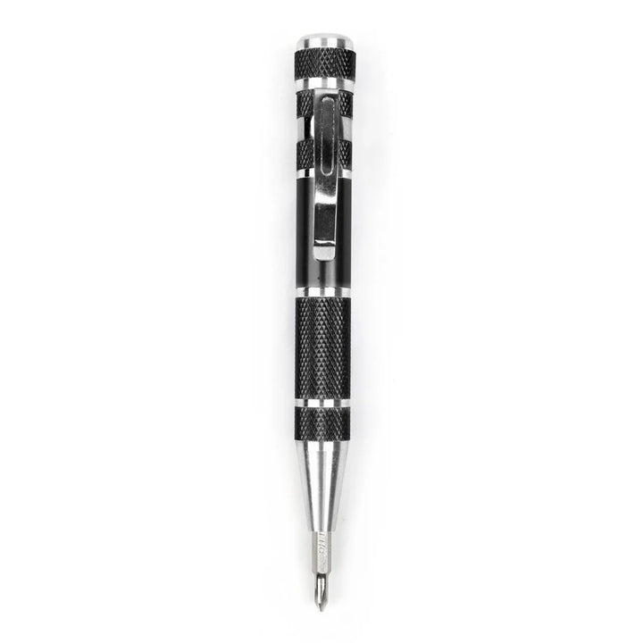 Black Kikkerland Precision 8-in-1 Screwdriver Pen with multiple screwdriver heads in a sleek, compact design.