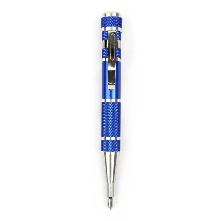 Blue Kikkerland Precision 8-in-1 screwdriver pen with multiple screwdriver heads and a sleek pen design for versatile use.