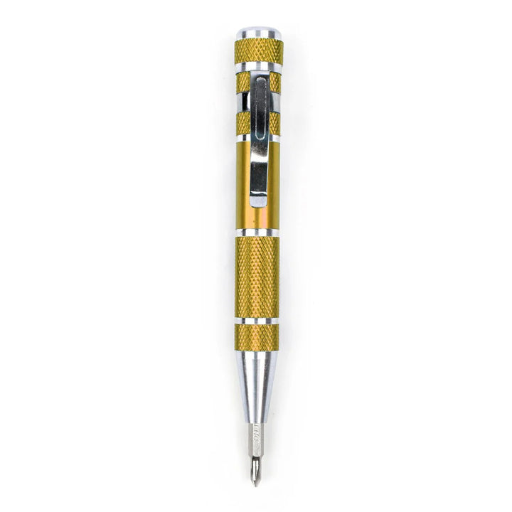 Kikkerland Precision 8-in-1 screwdriver pen in gold with multiple screwdriver bits, compact and portable for handy repairs.