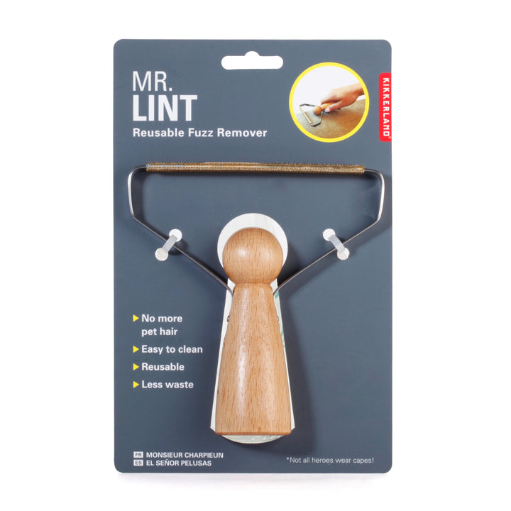 Kikkerland Mr. Lint lint roller from Cornucopia Home and Gift, compact handheld lint remover with sticky sheets for clothing and upholstery.